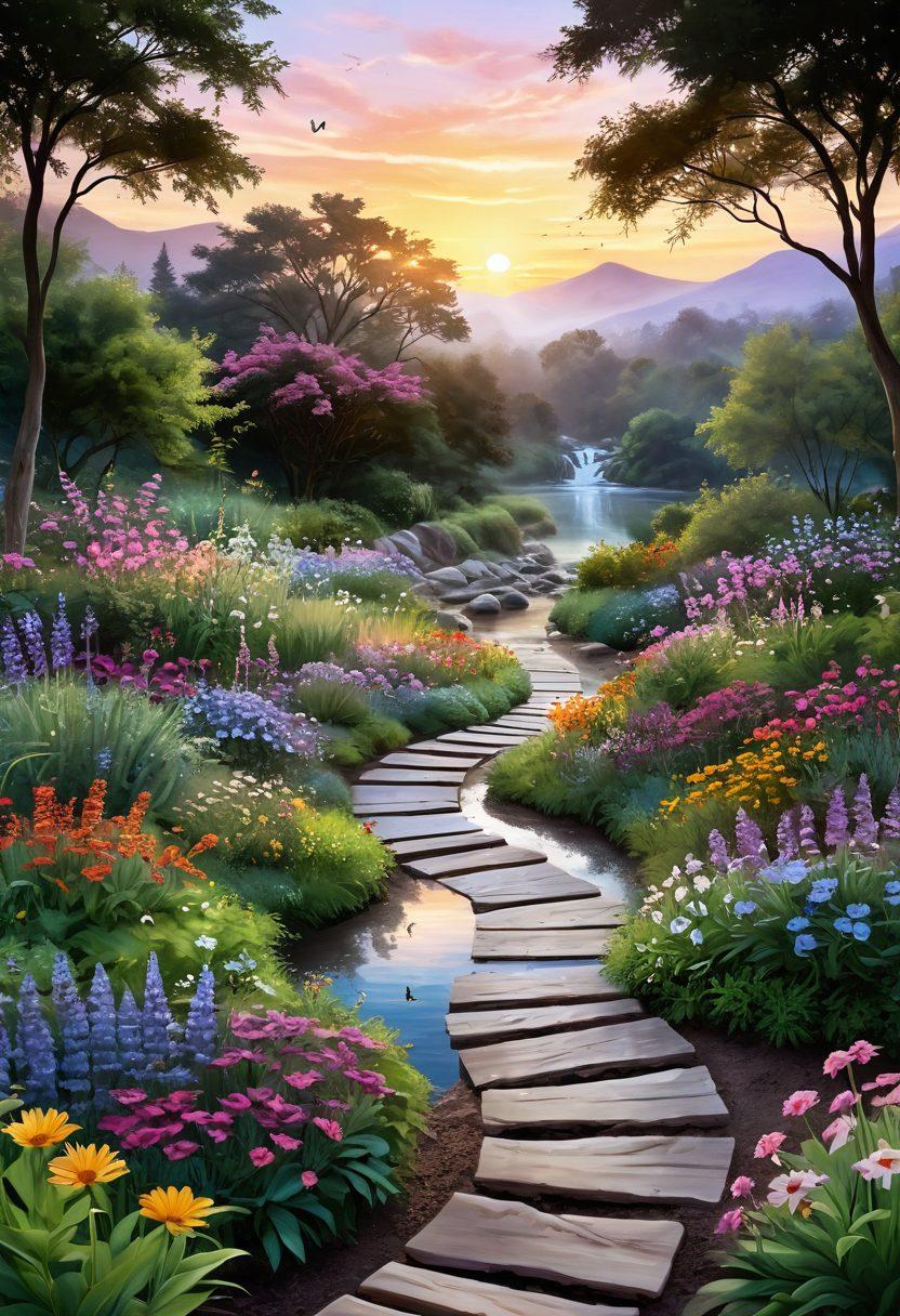 A serene landscape depicting a tranquil healing garden with diverse colorful flowers, a meandering path, and a faint sunrise in the background. Include a group of people practicing yoga and meditation, symbolizing unity and wellness. Include elements of nature like butterflies and gentle water streams to evoke peace. soft and calming colors. digital painting.