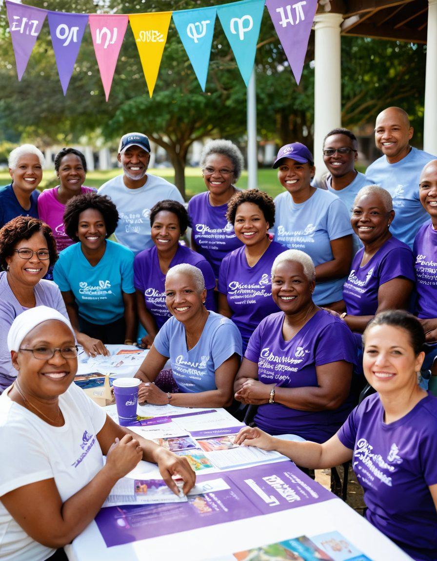 A diverse group of cancer survivors and supporters in a warm, inviting community setting, sharing smiles and stories, with colorful banners displaying messages of hope and unity in the background. Include elements of advocacy, such as a purple ribbon symbolizing cancer awareness, and a table with pamphlets about support systems. The atmosphere is uplifting and empowering, showcasing the strength found in community ties. painting. vibrant colors. soft focus.