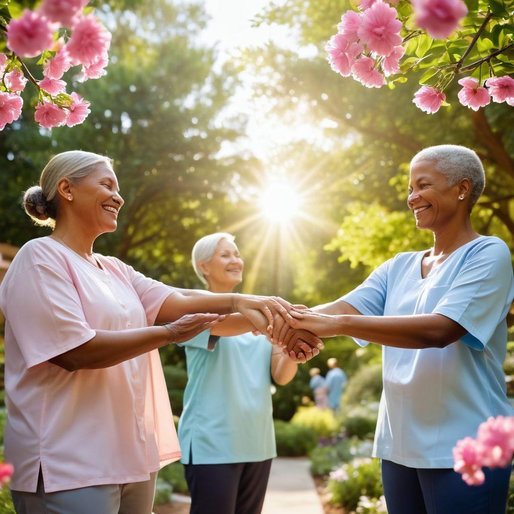 A serene and empowering scene of a diverse group of cancer survivors and support advocates in a sunlit hospital garden, unitedly holding hands and sharing smiles. The backdrop features blooming flowers symbolizing hope and growth, while gentle rays of sunlight filter through the trees, creating a warm and inviting atmosphere. Include elements of wellness, like yoga mats and supportive pamphlets scattered around. super-realistic. vibrant colors. soft focus.